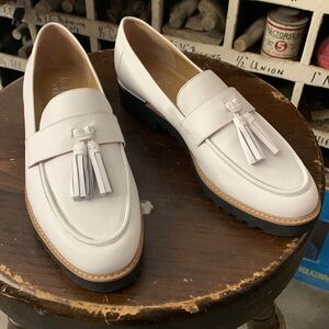 WOMEN'S FRANCO SARTO CAROLYNN PLATFORM LOAFERS, sz 10m, color white leather